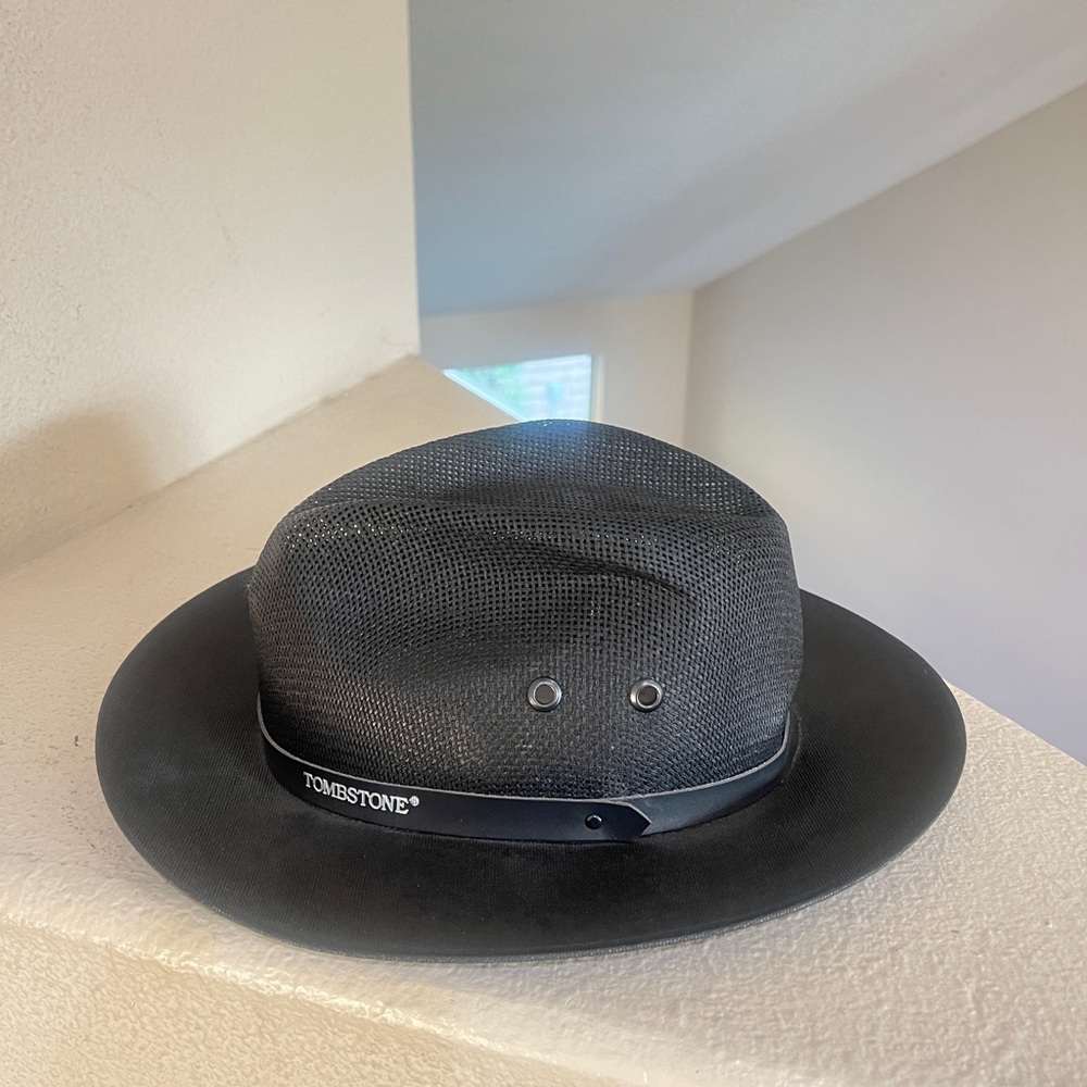 TOMBSTONE Men’s Explorer Black Fedora‎ Cowboy perforated Straw Hat Size Medium
